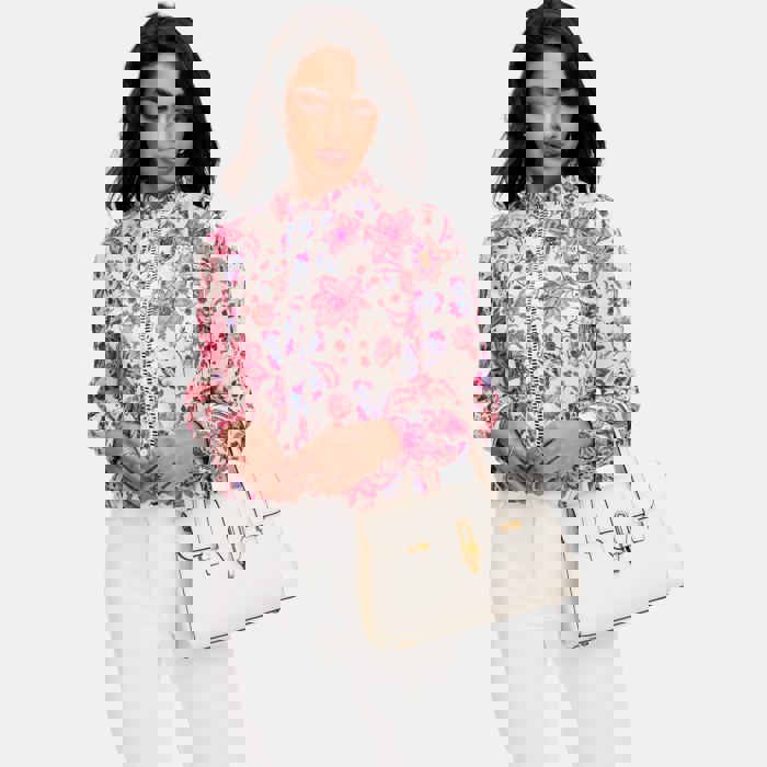 Floral Button Front Blouse with Ruffle Trim Neckline Soft Lightweight Fabric Long Sleeves Intricate Floral Print and Feminine Polished Style Perfect for Work Brunch and Effortless Everyday Outfits