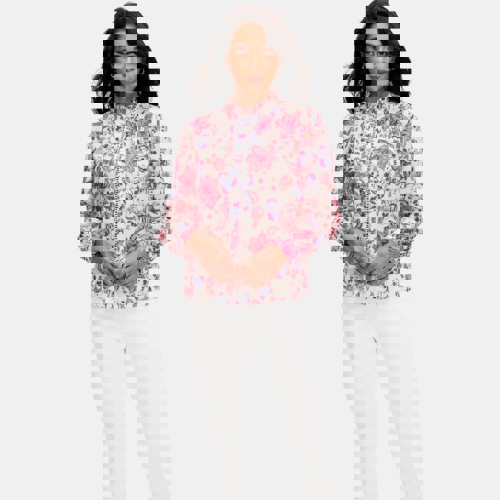 Floral Button Front Blouse with Ruffle Trim Neckline Soft Lightweight Fabric Long Sleeves Intricate Floral Print and Feminine Polished Style Perfect for Work Brunch and Effortless Everyday Outfits