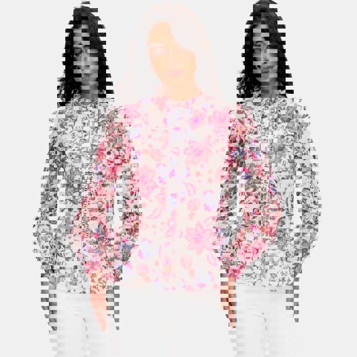 Floral Button Front Blouse with Ruffle Trim Neckline Soft Lightweight Fabric Long Sleeves Intricate Floral Print and Feminine Polished Style Perfect for Work Brunch and Effortless Everyday Outfits