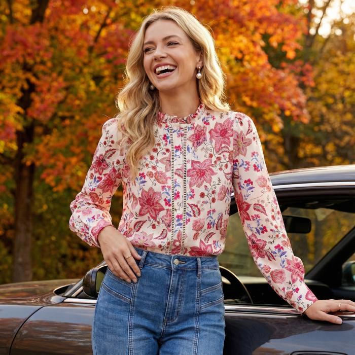 Floral Button Front Blouse with Ruffle Trim Neckline Soft Lightweight Fabric Long Sleeves Intricate Floral Print and Feminine Polished Style Perfect for Work Brunch and Effortless Everyday Outfits