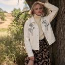  Embroidered Button Front Jacket with Stylish Floral Outline Design Soft Structured Fabric Front Patch Pockets Classic Collar and Versatile