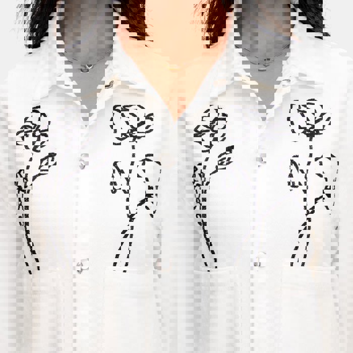 Embroidered Button Front Jacket with Stylish Floral Outline Design Soft Structured Fabric Front Patch Pockets Classic Collar and Versatile