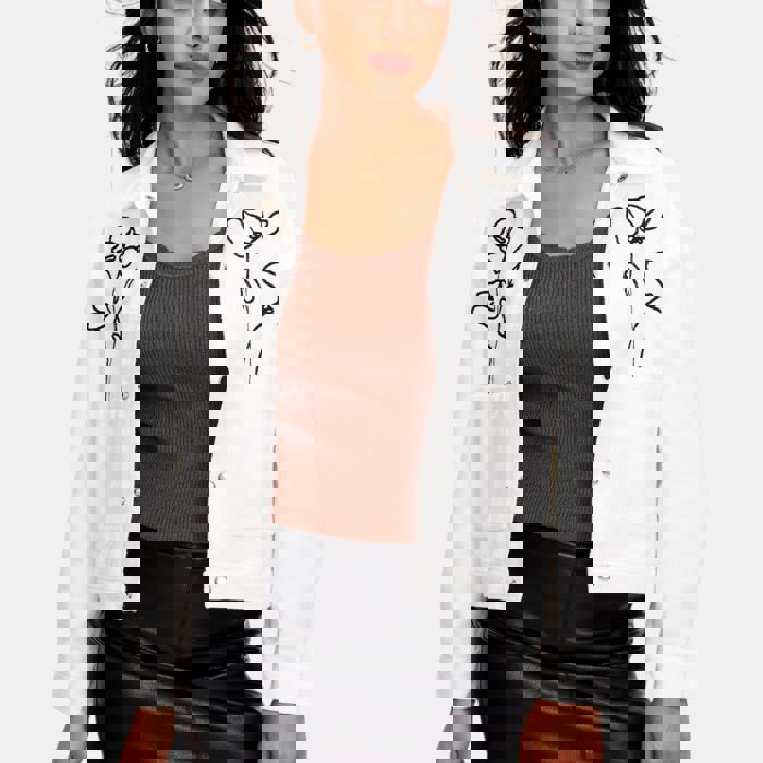 Embroidered Button Front Jacket with Stylish Floral Outline Design Soft Structured Fabric Front Patch Pockets Classic Collar and Versatile