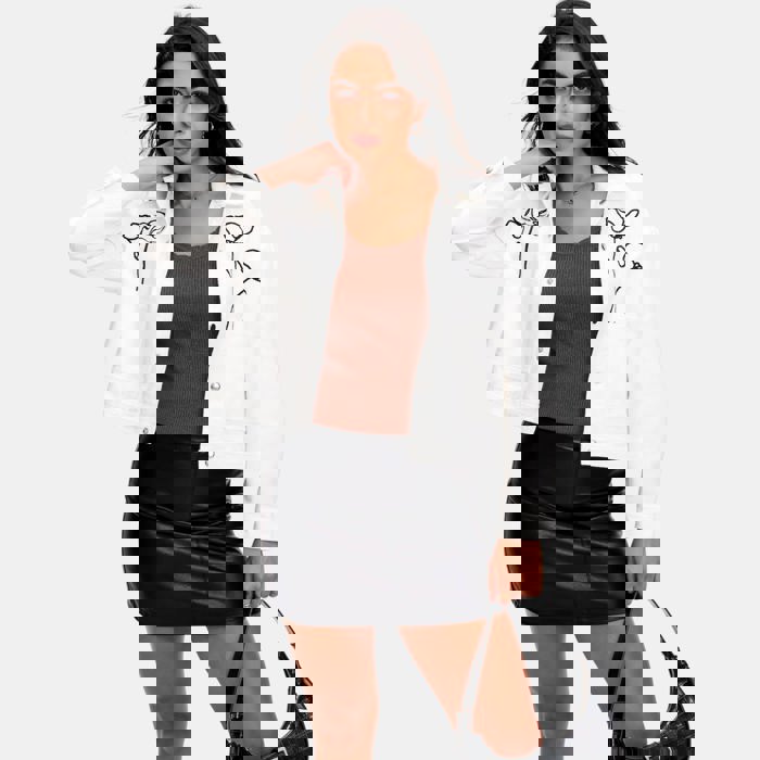 Embroidered Button Front Jacket with Stylish Floral Outline Design Soft Structured Fabric Front Patch Pockets Classic Collar and Versatile