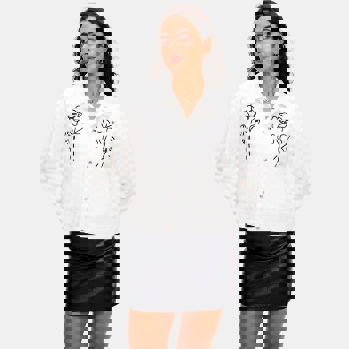 Embroidered Button Front Jacket with Stylish Floral Outline Design Soft Structured Fabric Front Patch Pockets Classic Collar and Versatile