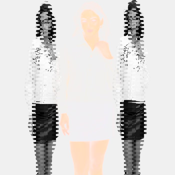 Embroidered Button Front Jacket with Stylish Floral Outline Design Soft Structured Fabric Front Patch Pockets Classic Collar and Versatile