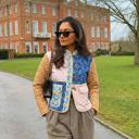  Mixed Print Quilted Jacket with Colorblock Patchwork Design Soft Lightly Padded Feel Front Pockets Contrast Binding and Stylish Statement