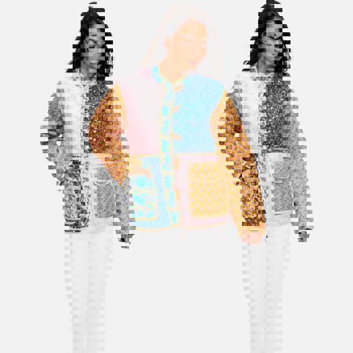 Mixed Print Quilted Jacket with Colorblock Patchwork Design Soft Lightly Padded Feel Front Pockets Contrast Binding and Stylish Statement