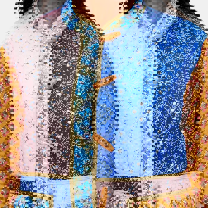 Mixed Print Quilted Jacket with Colorblock Patchwork Design Soft Lightly Padded Feel Front Pockets Contrast Binding and Stylish Statement