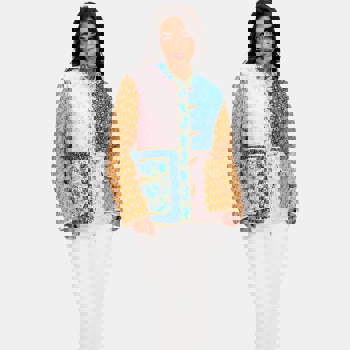 Mixed Print Quilted Jacket with Colorblock Patchwork Design Soft Lightly Padded Feel Front Pockets Contrast Binding and Stylish Statement