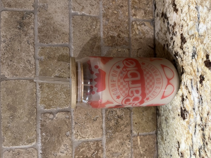 Barbie iced coffee glass can glass with bamboo lid & straw 18oz 