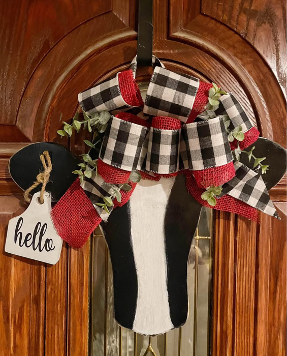 Cow door hanger custom orders welcome with cow tag hello sign beautiful ribbon custom orders welcome 