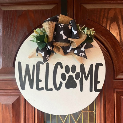 Welcome door hanger with paw as O - paw dog door hanger porch sign black and white 