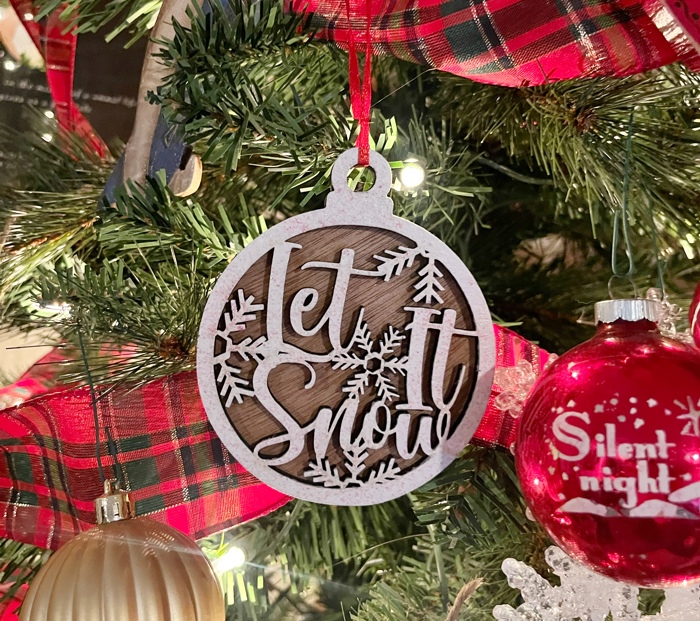 Let it snow glitter laser engraved wood ornament 