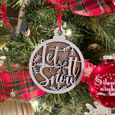 Let it snow glitter laser engraved wood ornament 