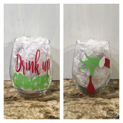 Drink up grinches wine glasses stemmed or stemless funny grinch hand wine glass 