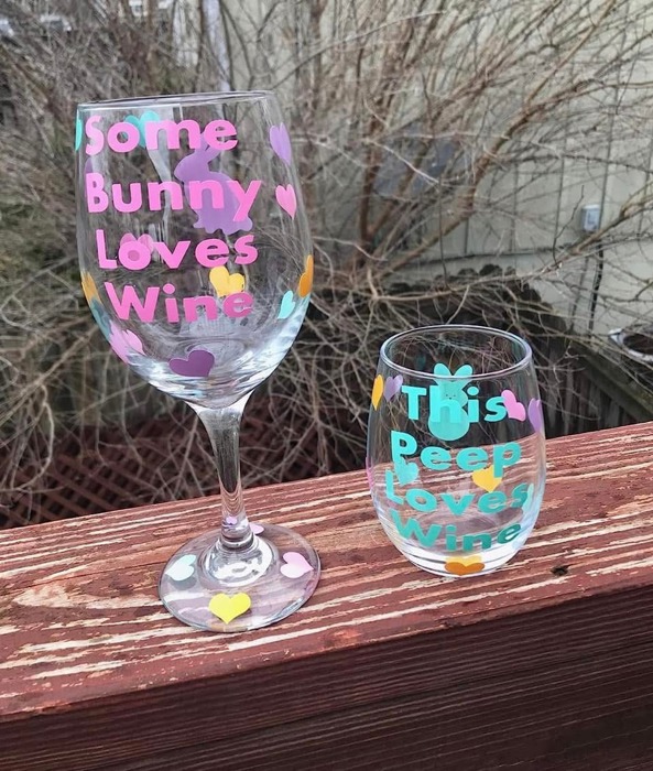 Some bunny loves wine glasses / stemmed or stemless / peeps / chicks / happy Easter wine glass 