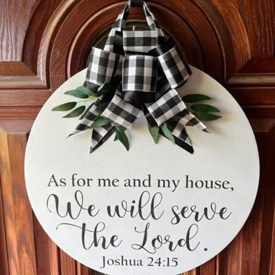As for me and my house we will serve the lord Joshua 24:15 door hanger sign with large bow and greenery 21” large