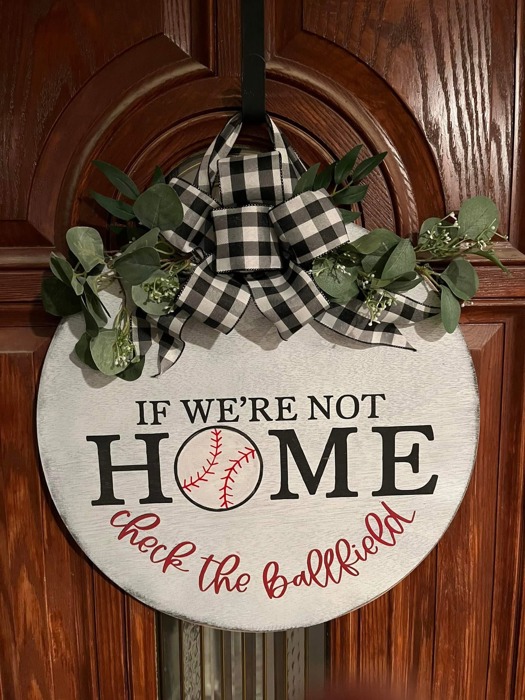 If we’re not home check the ballfield baseball door hanger 21” large door wreath 