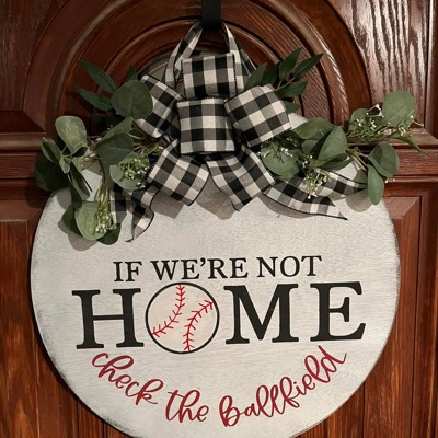 If we’re not home check the ballfield baseball door hanger 21” large door wreath 