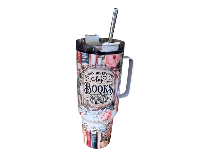 40oz tumbler with handle easily distracted by books / book lover gift 