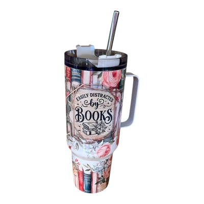 40oz tumbler with handle easily distracted by books / book lover gift 