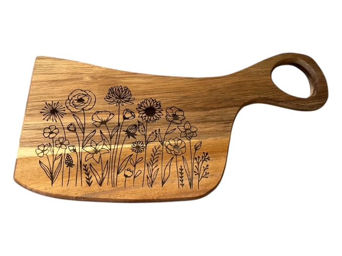 Charcuterie board cutting board with handle wildflower design