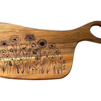 Charcuterie board cutting board with handle wildflower design