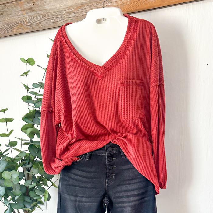 Waffle knit vneck long sleeve top 