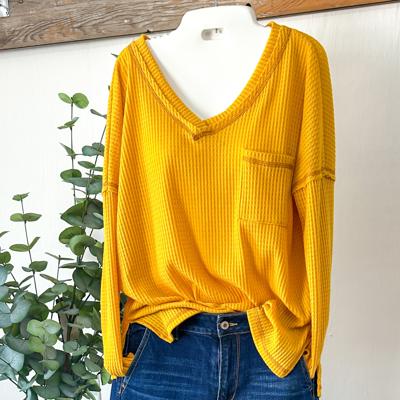 Waffle knit vneck long sleeve top 