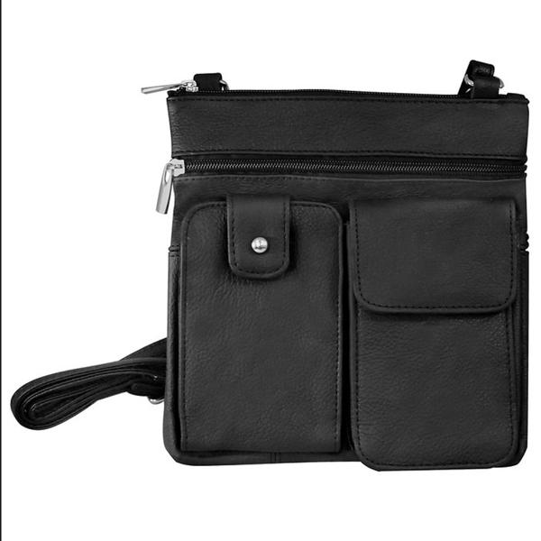 Genuine Leather Multi-Pocket Black Crossbody Purse Bag