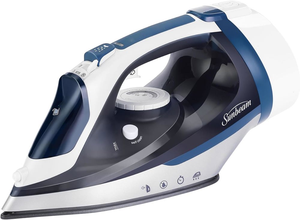 Sunbeam 1700W Steam Iron, 8' Retractable Cord, Variable Temperature Select, Non-Stick Soleplate, Dual Spray Mist, Horizontal or Vertical Shot of Steam Feature, 3-Way Auto-Off, Blue and White