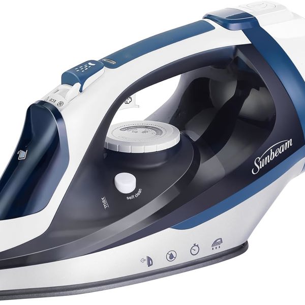 Sunbeam 1700W Steam Iron, 8' Retractable Cord, Variable Temperature Select, Non-Stick Soleplate, Dual Spray Mist, Horizontal or Vertical Shot of Steam Feature, 3-Way Auto-Off, Blue and White