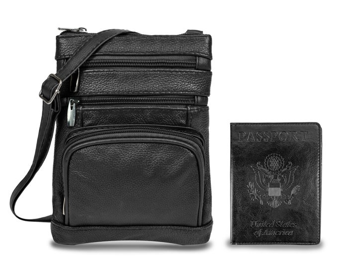 Leather Crossbody Bag with CDC Passport Holder- 5 Colors