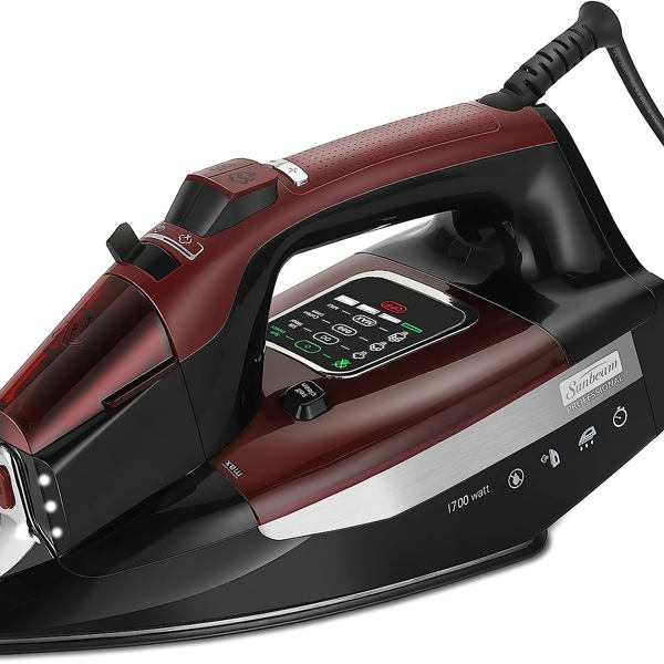 Sunbeam Professional Steam Iron, 1700 Watt, Large Nonstick Ceramic Soleplate, Horizontal or Vertical Shot of Steam, Self Cleaning, Large LED Screen and Bright LED Lights, 8' Swivel Cord, Black/Red