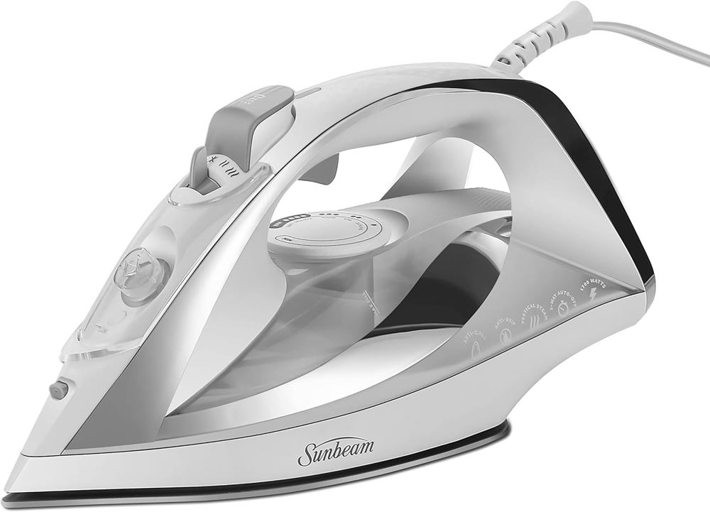 Sunbeam Turbo Steam Iron, 1700 Watt, Nonstick Ceramic Soleplate, Horizontal or Vertical Shot of Steam, Quick Heating, 3-Way Auto-Off, White and Chrome,9.3"L x 3.7"W