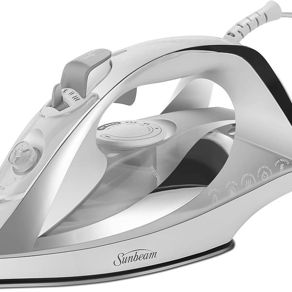 Sunbeam Turbo Steam Iron, 1700 Watt, Nonstick Ceramic Soleplate, Horizontal or Vertical Shot of Steam, Quick Heating, 3-Way Auto-Off, White and Chrome,9.3"L x 3.7"W