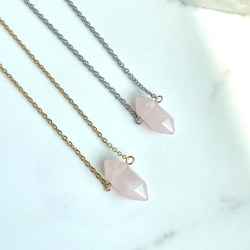 Rose Quartz Gemstone Bullet Point Necklace 