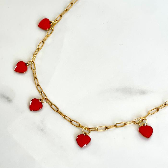 Gold Paperclip Necklace with Red Hearts – Valentine’s Gift