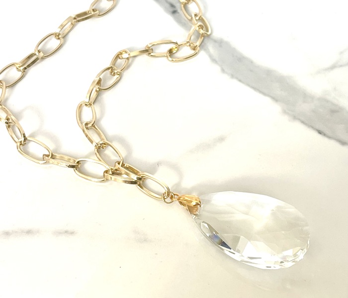 Elegant Necklace with Large Faceted Crystal Drop Pendant