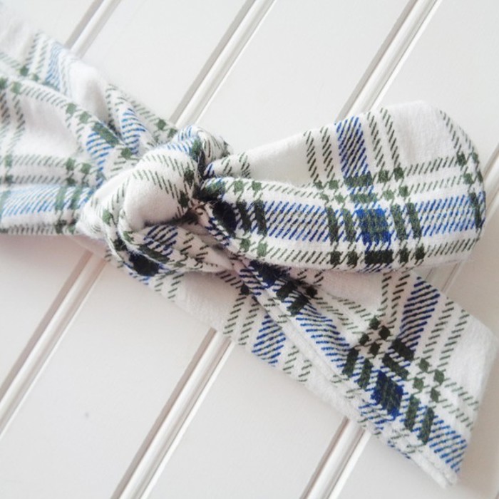 Donna Flannel Knotted Headband - Blue and Green Plaid on White