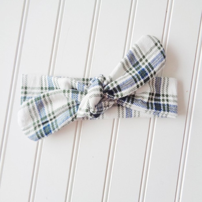 Donna Flannel Knotted Headband - Blue and Green Plaid on White