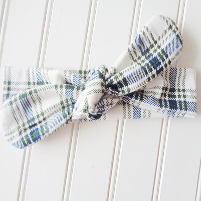 Donna Flannel Knotted Headband - Blue and Green Plaid on White