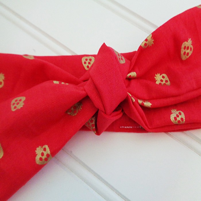 Donna Knotted Headband - Gold Strawberries on Red