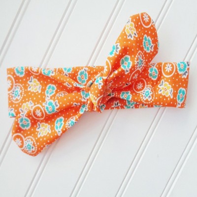 Donna Knotted Headband - Yellow and Aqua Flowers on Orange