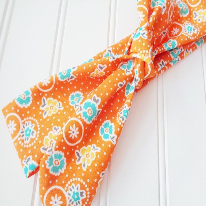 Donna Knotted Headband - Yellow and Aqua Flowers on Orange