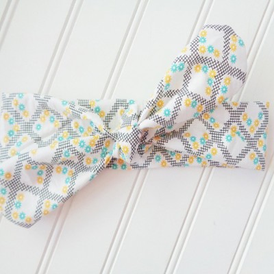 Donna Knotted Headband - Yellow and Aqua Flowers on White