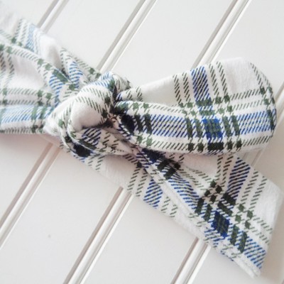 Donna Flannel Knotted Headband - Blue and Green Plaid on White