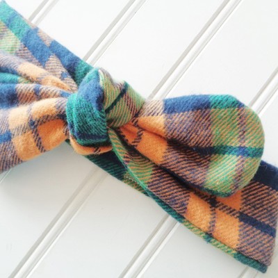 Donna Flannel Knotted Headband - Navy, Orange and Green Plaid
