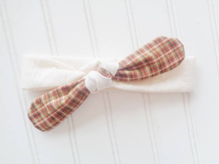 Sarah Knotted Headband - Brown and Green Plaid with Muslin